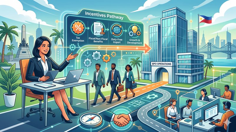 Современная бизнес-иллюстрация о налоговых льготах PEZA для открытия BPO компании на Филиппинах